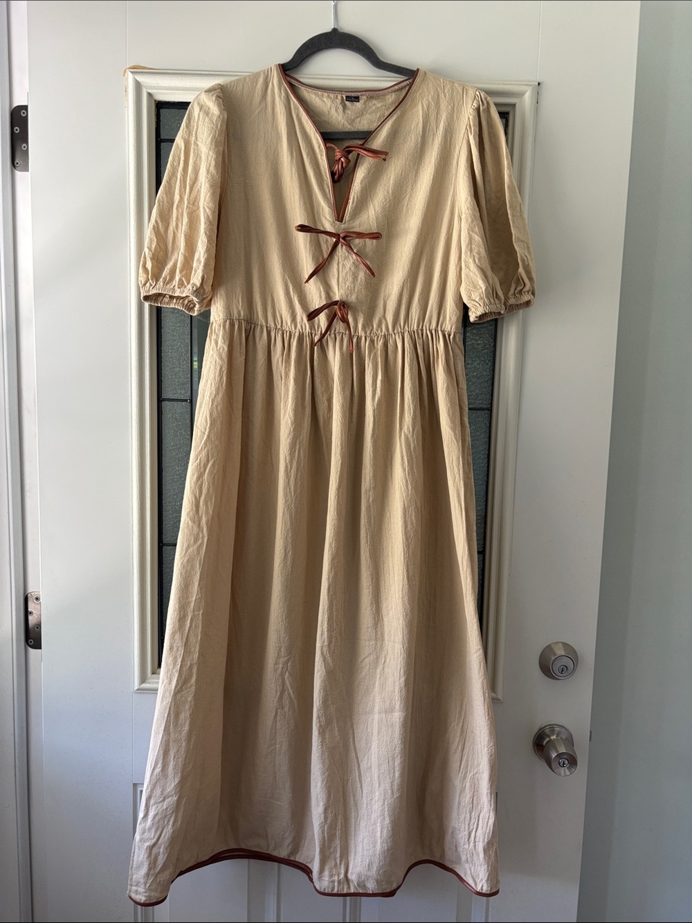 Beige Bow-faux leather trim Dress with Short Puff Sleeves